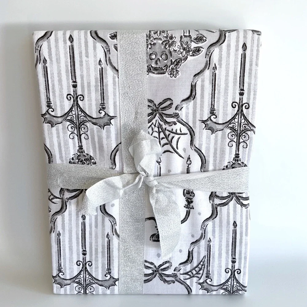 Madame Bones Halloween Tablecloth 60x120 Oblong Cotton Skull Candelabra Grey